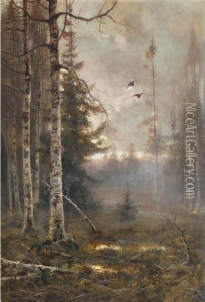 Forest At Dawn With Ducks In Flight Oil Painting - Wladimir Leonidovich Murawjoff