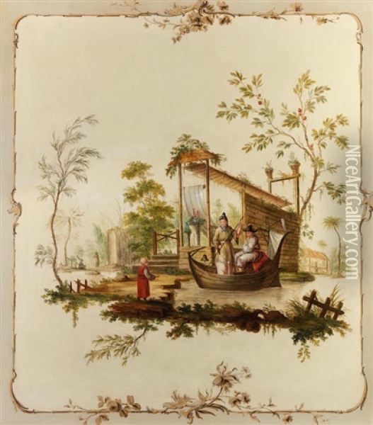 Chinoiserie Figures In A Boat Beside A Garden Pavilion Oil Painting - Jean Baptiste Pillement