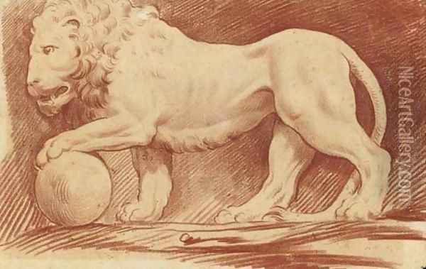 A lion in profile to the left, his left paw resting on a sphere Oil Painting - Louis-Claude Vasse