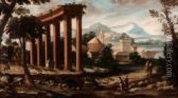 Paesaggio Con Rovine Classiche E Viandanti Oil Painting - Giuseppe Zola
