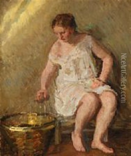 A Woman With A Wash Tub Oil Painting - Julius Paulsen