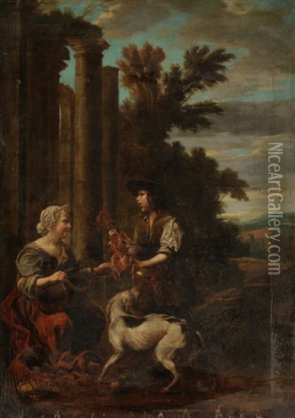 Frau Mit Einem Knaben Mit Hund Vor Saulenarchitektur Oil Painting - Jan Baptist Weenix
