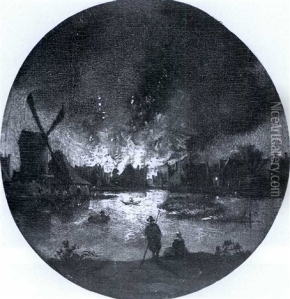 A Fire In An Estuary Oil Painting - Aert van der Neer