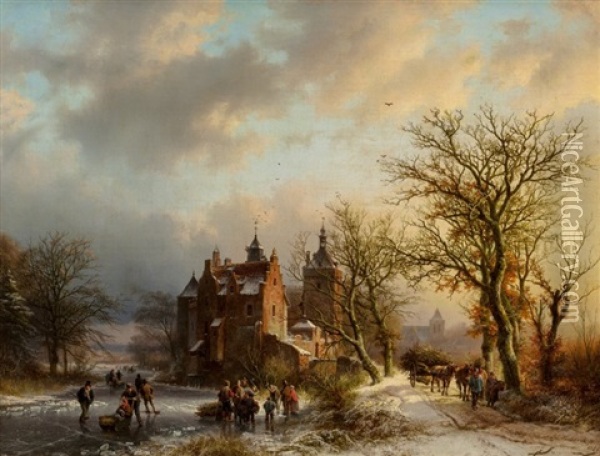 Winter Landscape With Wood Gatherers And Skaters, 1854 Oil Painting - Barend Cornelis Koekkoek