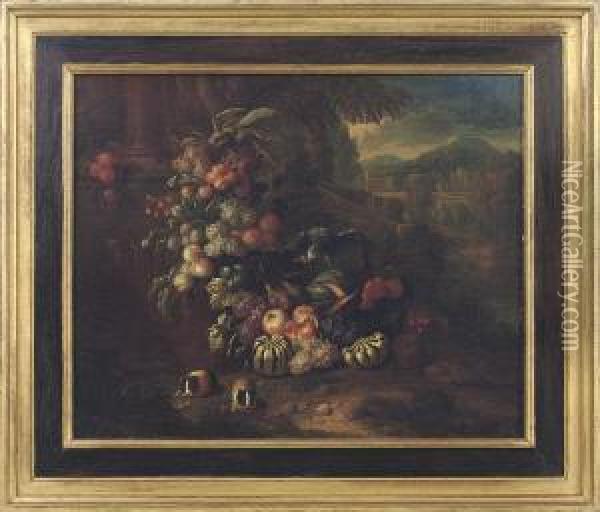 Grapes, Pumpkins, Melons And 
Other Fruit, A Parrot And Twoguinea-pigs In An Italianate Landscape Oil Painting - Jan Pauwel Ii Gillemans