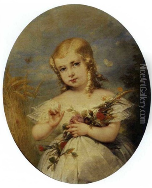 Portrait De Petite Fille Au Bouquet De Fleurs Oil Painting - Aimee Brune