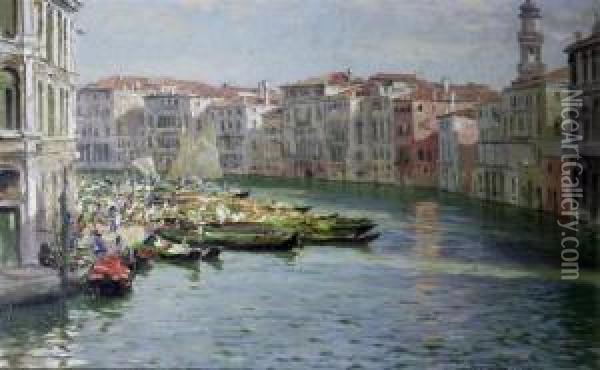 Flower Market On The Grand Canal, Venice Oil Painting - Thomas Fred. Mason Sheard