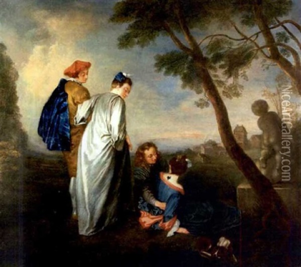 Couples In Elegant Dress With Dog On Hillside Oil Painting - Louis Jean Francois Lagrenee