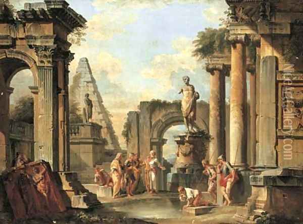 A capriccio of classical ruins with Diogenes throwing away his cup Oil Painting - Giovanni Paolo Panini