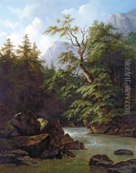 Gebirgslandschaft Oil Painting - August Schaeffer