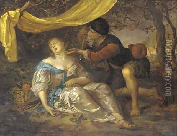 A shepherd kneeling over a lady sleeping under a canopy in a wooded landscape Oil Painting - Karel De Moor