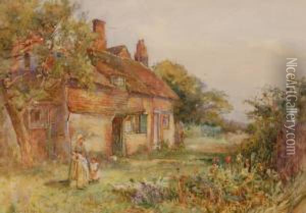 Womanand Child Feeding Geese Outside A Country Cottage Oil Painting - Sidney Grant Rowe