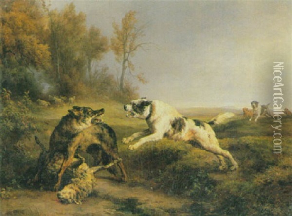 Wolf Beim Beutezug Und Hirtenhunde In Weiter Landschaft Oil Painting - Jacques Raymond Brascassat