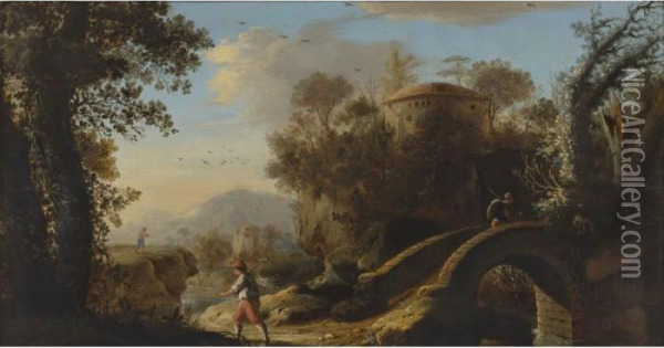 An Italianate Landscape With Figures; A Footbridge And Classical Ruins Beyond Oil Painting - Claude Lorrain (Gellee)