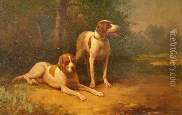 Two French Hounds Dogs In Clearing Oil Painting - Camille Benoit