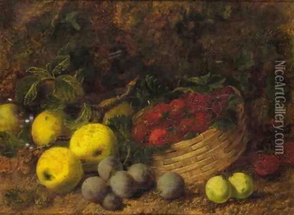 Still Life Of Apples, Plums And Strawberries In A Basket Oil Painting - George Clare