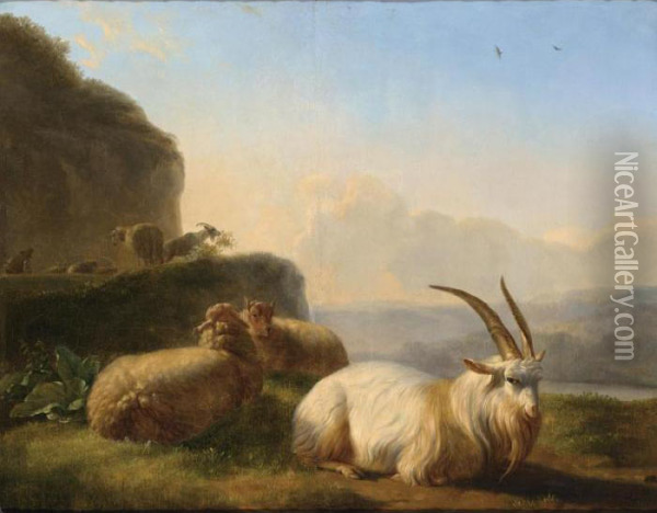 Goats And Sheep With Their Shepherd In A Mountainous Landscape Oil Painting - Balthasar Paul Ommeganck