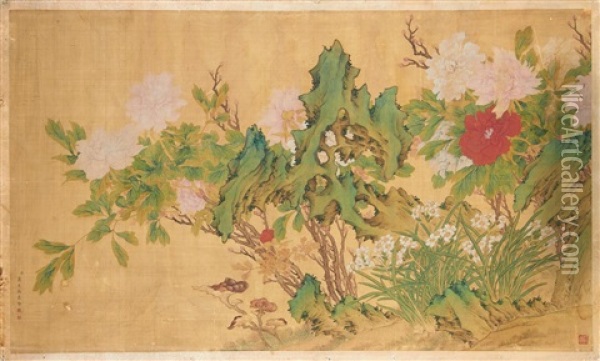 Peonies, Daffodils And Lingzhi Mushrooms Oil Painting -  Jiang Tingxi