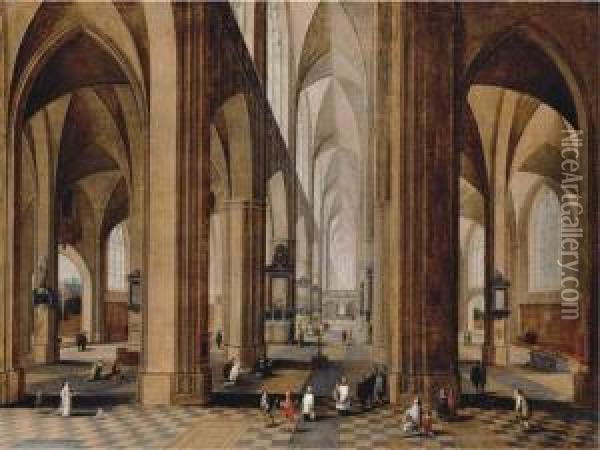 The Interior Of A Gothic Cathedral Oil Painting - Pieter Neefs The Elder, Frans The Younger Francken