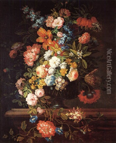A Still Life Of Flowers Including Roses, Lilac, A Crown Imperial, Tulips, Morning-glory, Honeysuckle, Stocks And Peonies In A Glass Vase Oil Painting - Jean-Baptiste Monnoyer