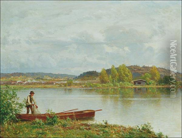 Fisherman By The Lake Shore Oil Painting - Hjalmar (Magnus) Munsterhjelm