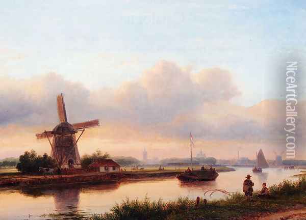 A Panoramic Summer Landscape With Barges On The Trekvliet, The Hague In The Distance Oil Painting - Lodewijk Johannes Kleijn