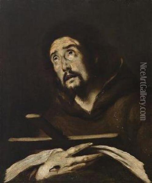 Saint Francis Venerating The Cross Oil Painting - Bernardo Strozzi