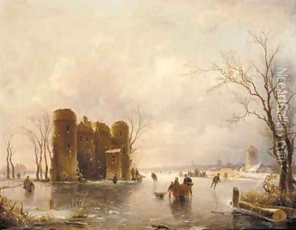 Figures skating on a frozen pond, windmills beyond Oil Painting - Andreas Schelfhout