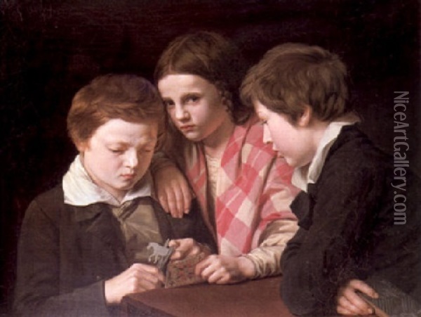 Portrait Of The Artist's Three Children Playing At A Table Oil Painting - Anders Lundquist