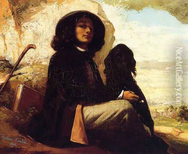 Self Portrait with a Black Dog Oil Painting - Gustave Courbet