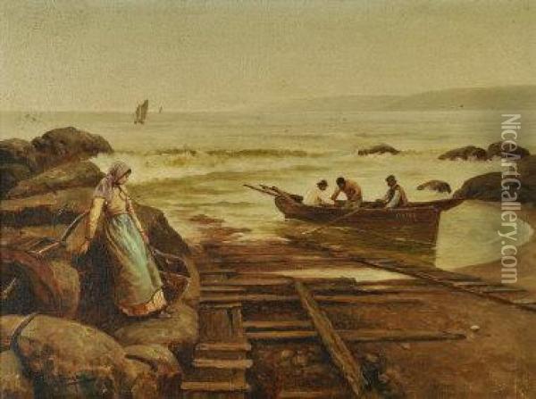 Unloading The Catch Oil Painting - Harry R. Douglas