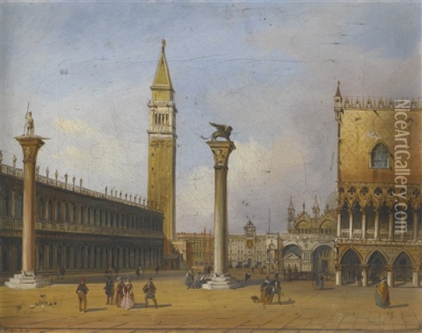 Venice, A View Of The Piazzetta From The Bacino Di San Marco; Venice, A View Of The Doge's Palace And Piazzetta Looking West From The Riva Degli Schiavoni (pair) Oil Painting - Carlo Grubacs
