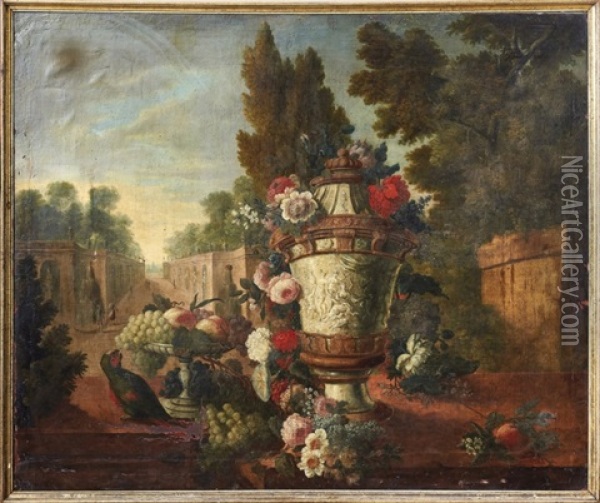 Stillleben Mit Blumen, Vogeln Und Fruchten Im Schlospark Oil Painting - Pieter Casteels III