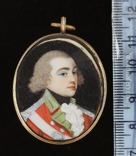 Two Portraits: An Infantry 
Officer, Possibly Irish Militia Or Volunteers, Wearing Scarlet Coat With
 Grass-green Facings, The Silver Buttons Possibly With Harp Device 
Thereon, Silver Epaulettes And White Shoulder Belt; And A Boy, Wearing 
Red Skelet Oil Painting - Frederick Buck