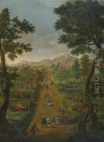 An Extensive Landscape With Carriages And Elegant Figures On A Road, Including The Artist Himself, Gardens And Fields On Either Side Oil Painting - Giovanni Paolo Panini