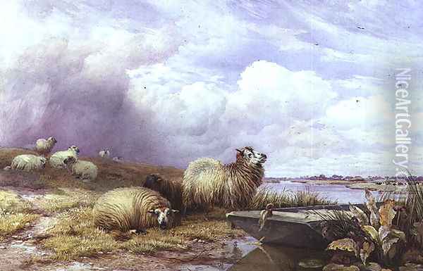 A Landscape with Sheep and boat, 1866 Oil Painting - Thomas Francis Wainewright
