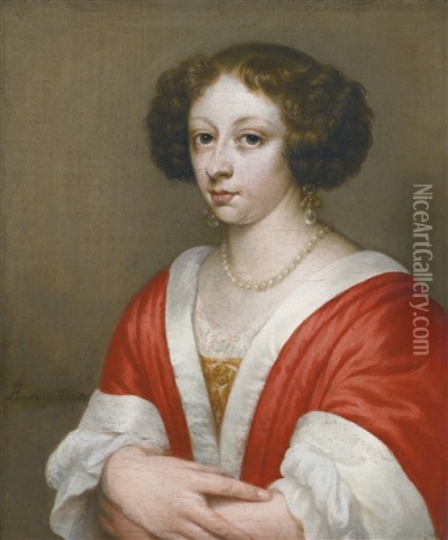Portrait Of A Lady, Half-length, Wearing Pearl Jewellery Oil Painting - Arnold Van Ravesteyn