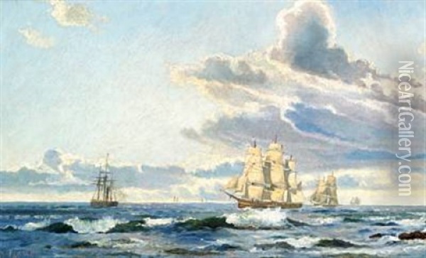 Seascape With Sailing Wessels Oil Painting - Holger Henrik Herholdt Drachmann