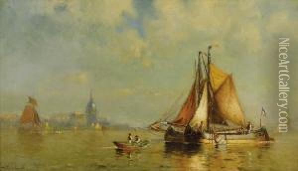 In Dordrecht Harbor, Holland Oil Painting - Walter Franklin Lansil