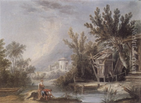 A Couple Fishing In A Wooded River Landscape Oil Painting - Jean-Baptiste Leprince