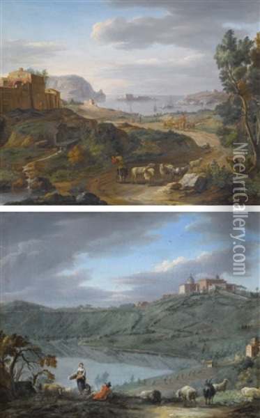 Vue Du Chateau De Gandolfo Et Le Lac De Nemi Vue De La Cote Pres De Rome Oil Painting - Hendrick Frans van Lint