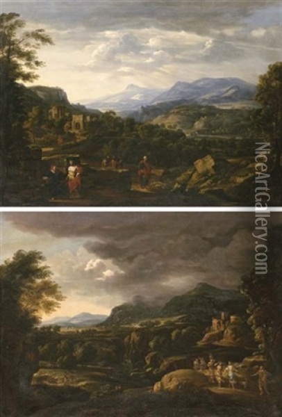 Christ And The Woman Of Samaria (+ Lot And His Daughters; Pair) Oil Painting - Willem de Heusch