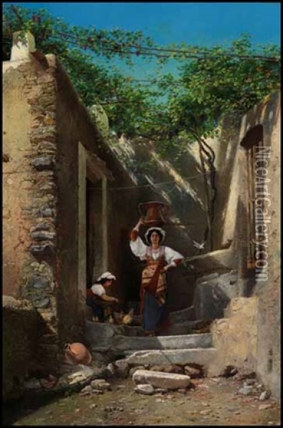 In An Italian Courtyard Oil Painting - Alexander (Aleksandr) Antonovich Rizzoni