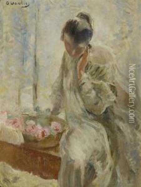 Woman With Roses. Oil Painting - Otto Vautier