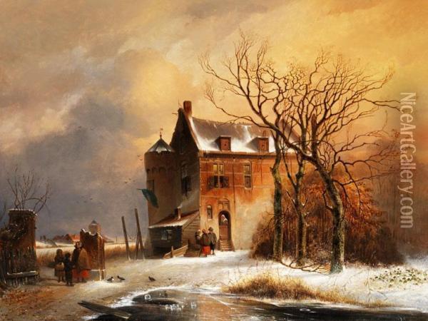 Gebaude Mit Rundturm In Winterlicherlandschaft Mit Figurenstaffage Oil Painting - Charles Henri Leickert