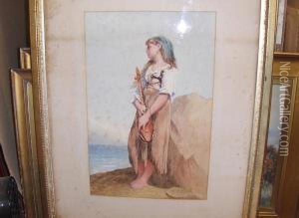 Girl With A Mandolin On The Shore Oil Painting - W. Topham