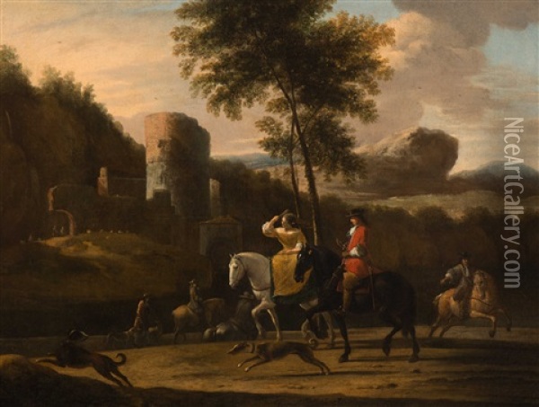 Elegant Company On Horseback With A Ruin In The Background Oil Painting - Gerrit Adriaensz Berckheyde