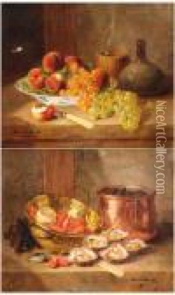 Coupe De Peches Et Raisin Et Huitres Plates, Crevettes Et Moules Oil Painting - Alphonse de Neuville