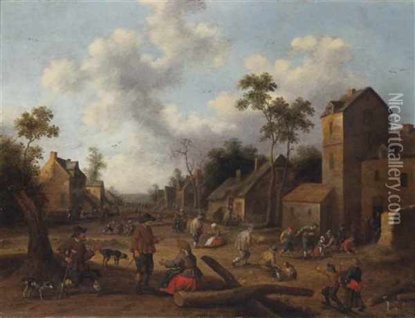 A Village With Figures Conversing And Playing Games Oil Painting - Joost Cornelisz. Droochsloot