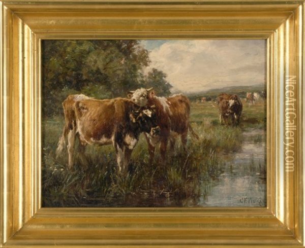 Cows Grazing In A Pasture Oil Painting - Charles Franklin Pierce